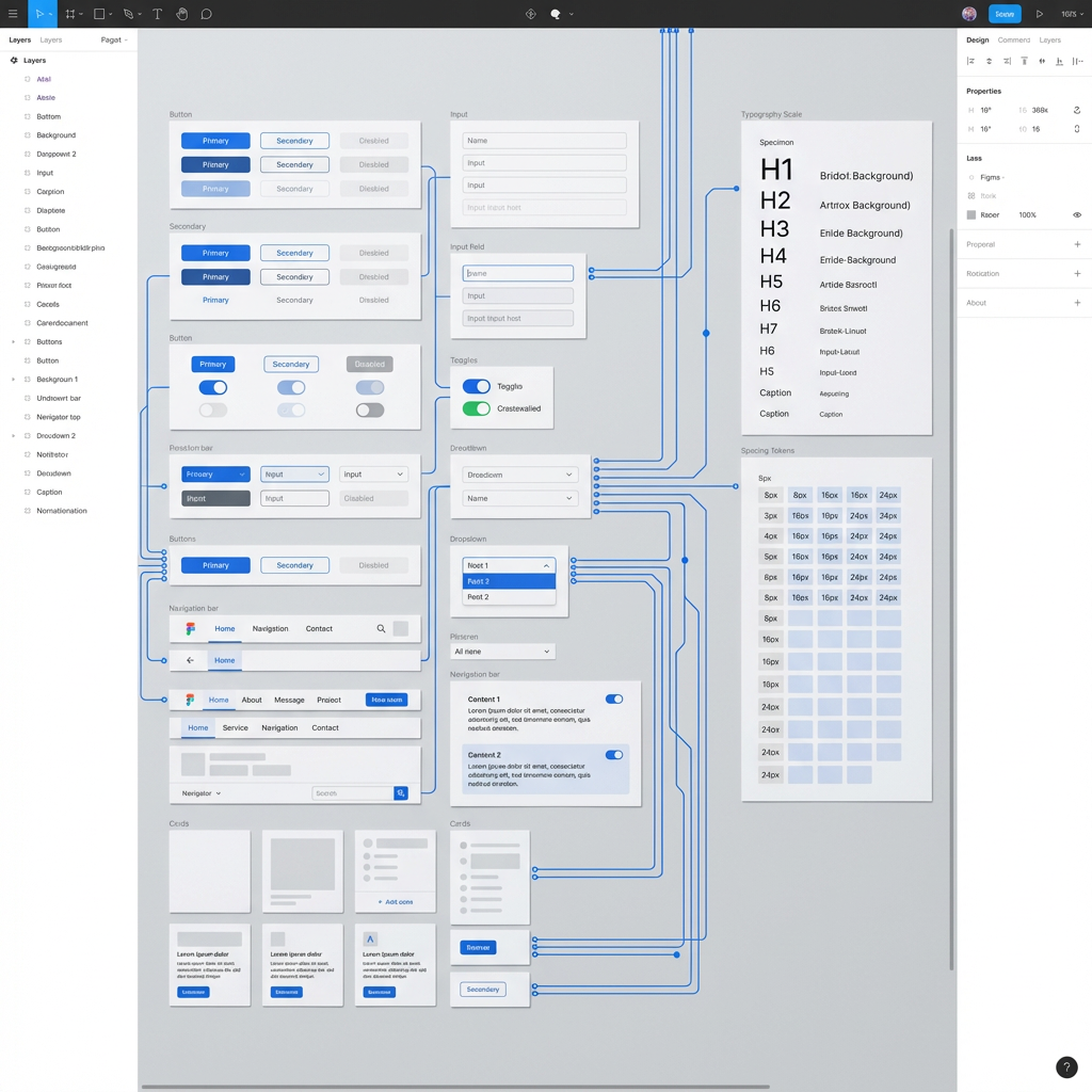 Design system component library laid out as a flat lay, with electric blue accent lines connecting UI components