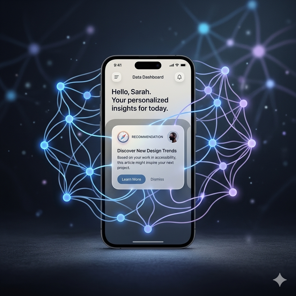 Abstract visualisation of AI meeting human-centred design: a neural network diagram overlaid on a clean mobile UI mockup