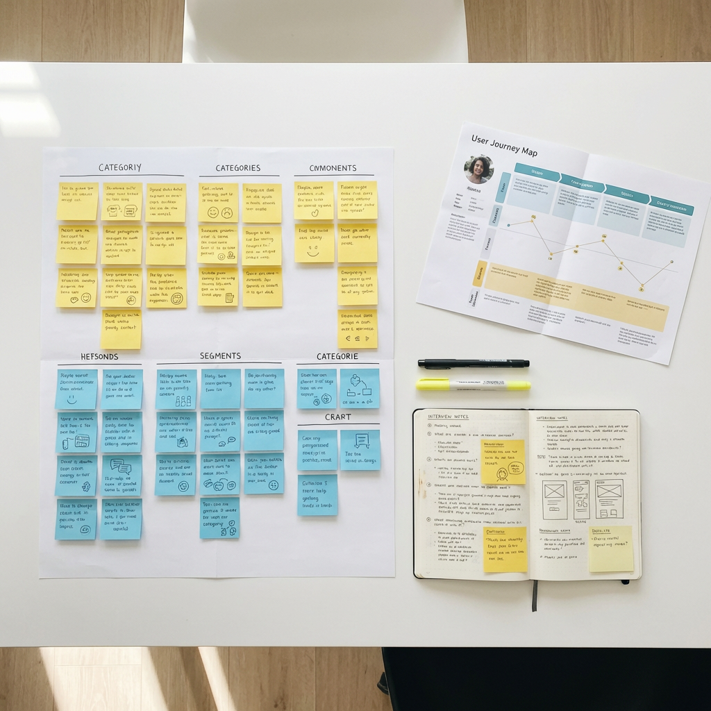 Flat lay of UX research artefacts: sticky notes in an affinity diagram, user journey map, and open notebook with interview notes