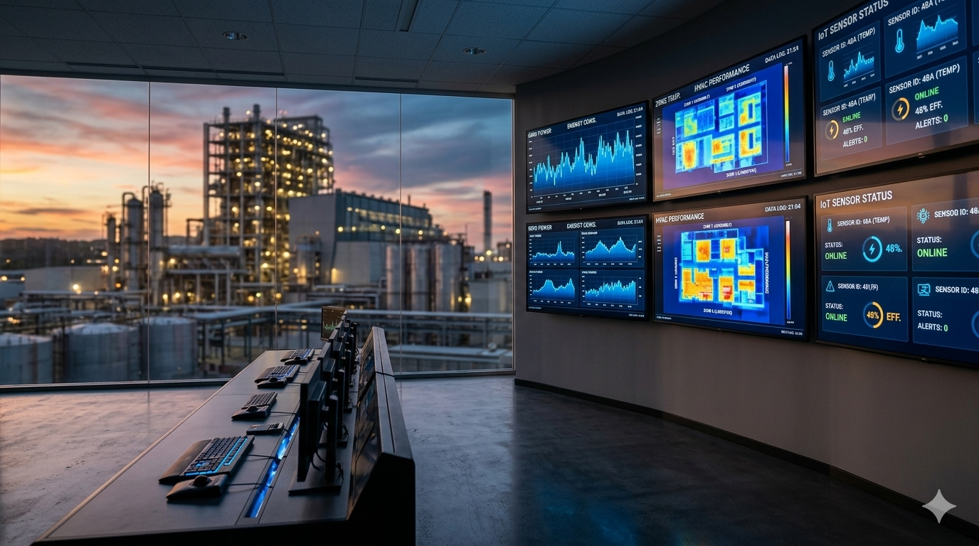 Industrial control room with large screens displaying real-time energy consumption dashboards in electric blue and amber
