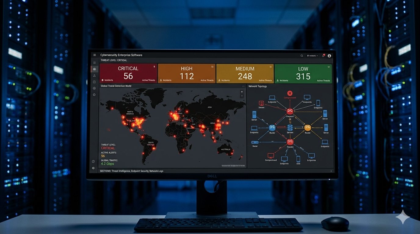 Cybersecurity enterprise dashboard on a dark UI showing threat detection map and network topology diagram against server room background