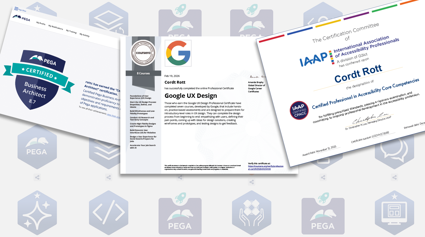 Abstract certification badges and certificate documents arranged on a white surface