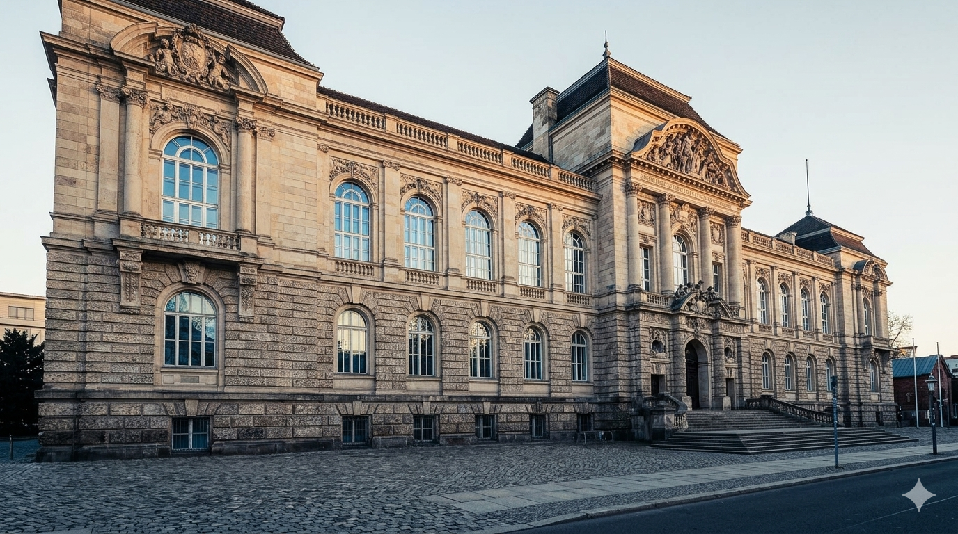 Grand historic European art academy building facade photographed at golden hour, representing the Hochschule der Künste Berlin